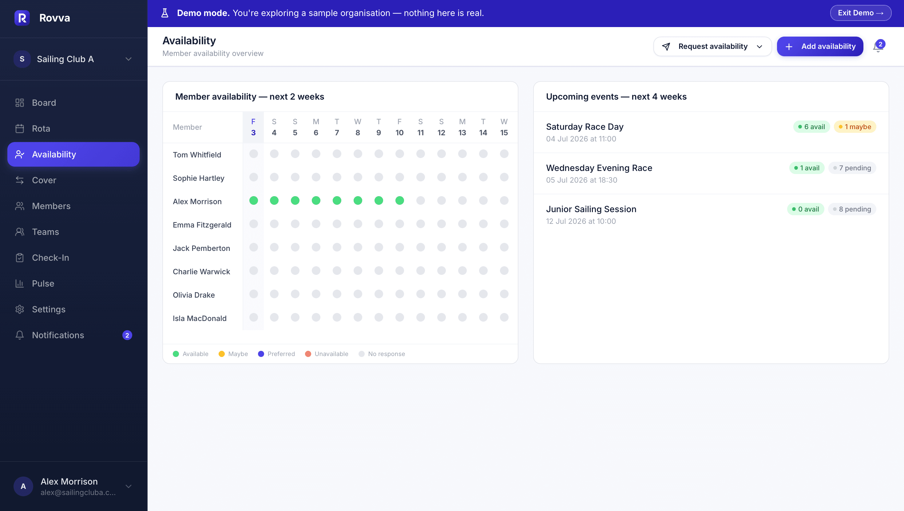 Availability grid showing member availability across two weeks alongside upcoming events
