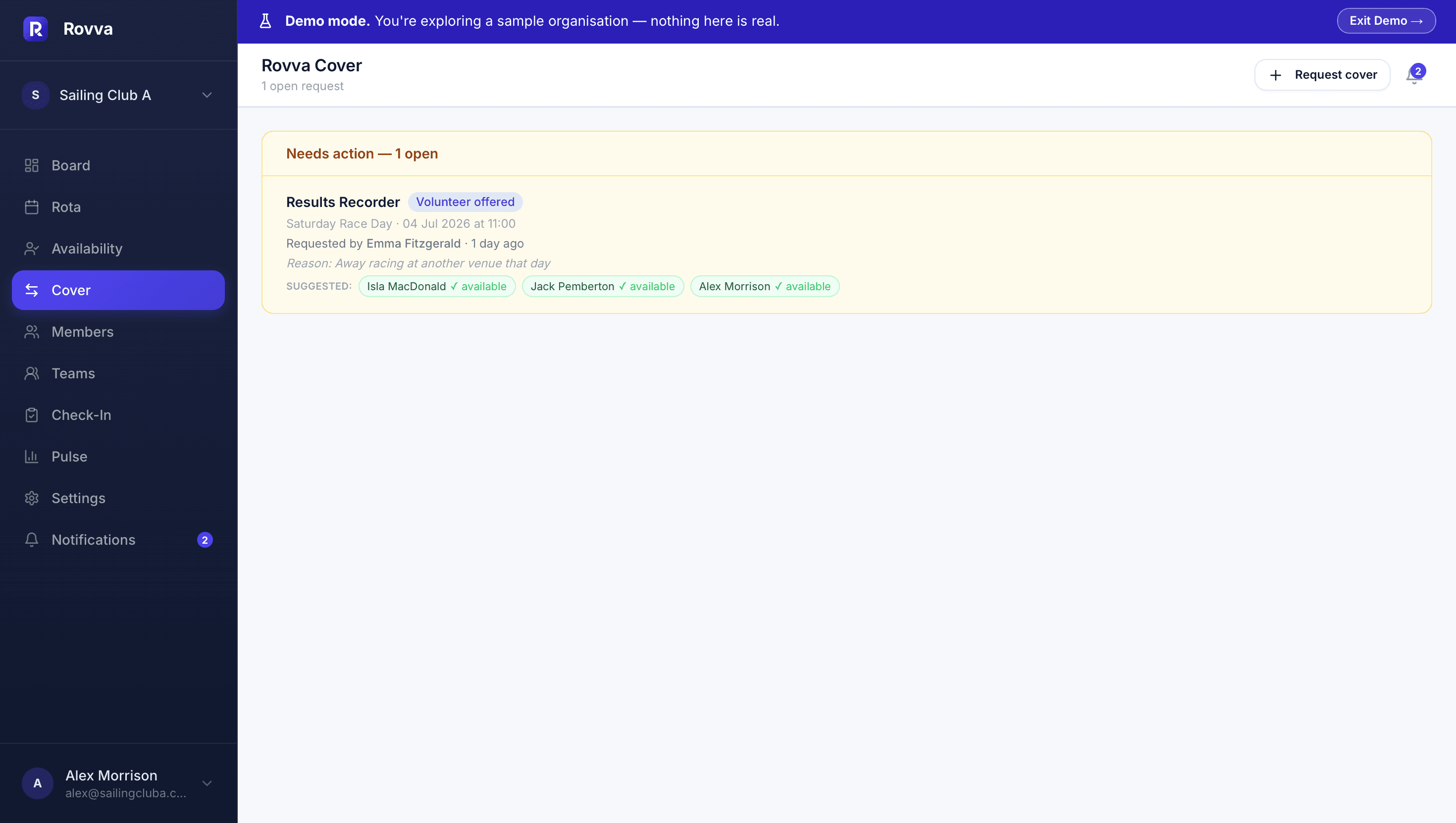 Rovva Cover showing an open cover request with suggested available members