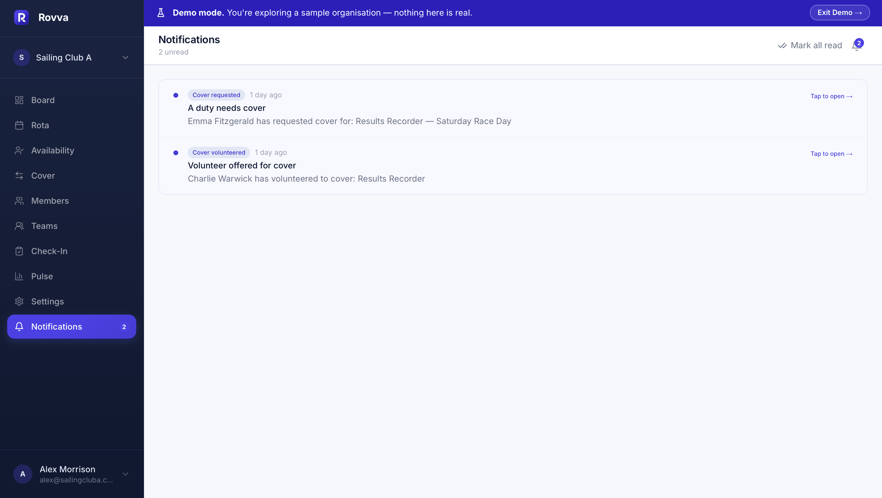 Rovva notifications showing cover request and volunteer alerts