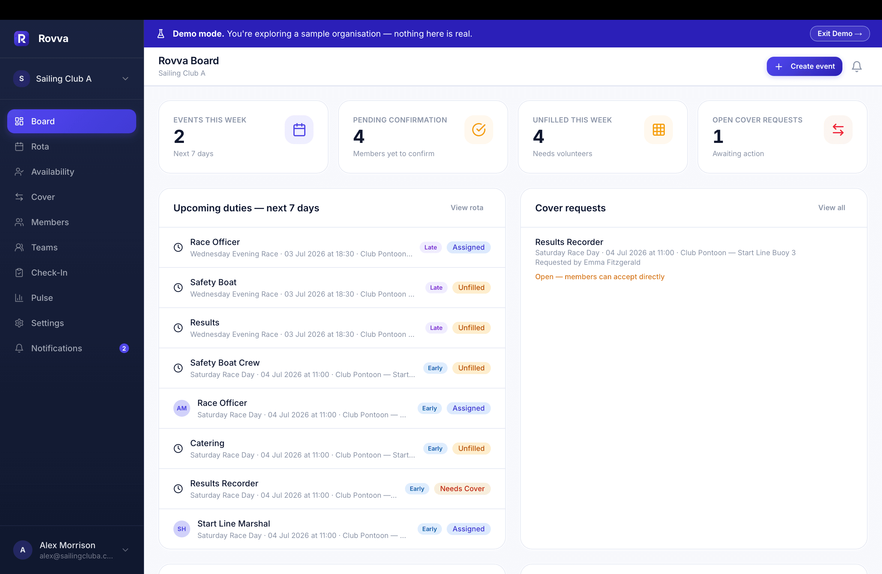 Rovva Board — live dashboard of upcoming duties, open slots and cover requests