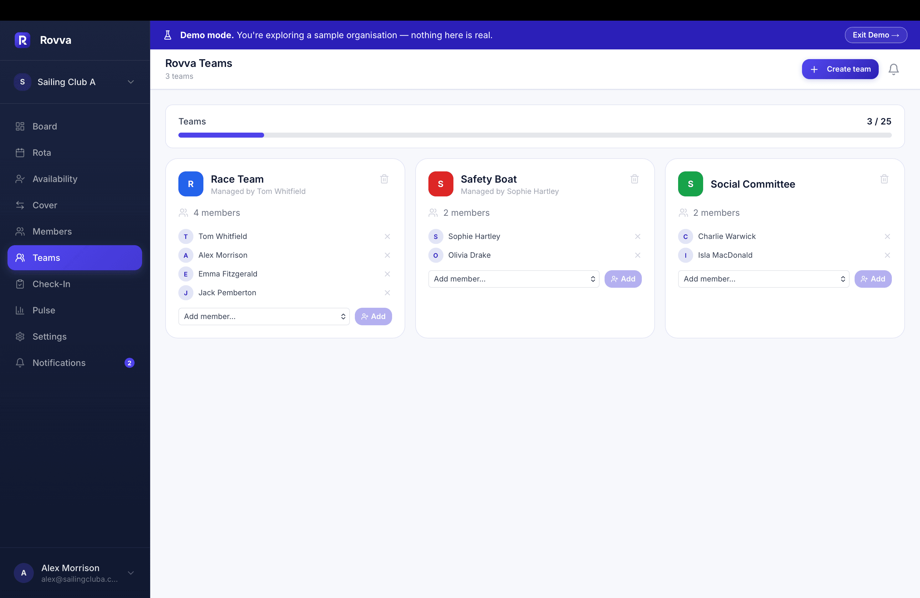 Rovva Teams — Race, Safety & Social teams